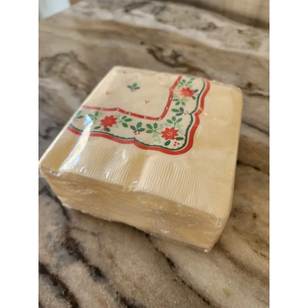 Vintage 90s Hallmark Beverage Napkins Christmas Poinsettia Holly Festive Holiday